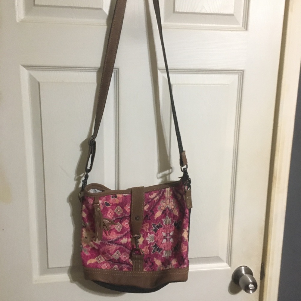Myra Bag Pink Patterned Woven Crossbody with Brown Trim
